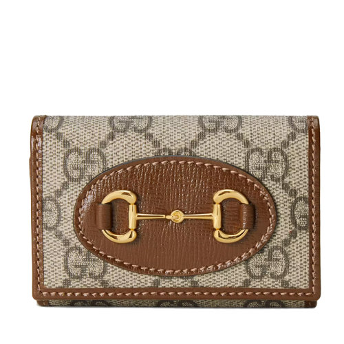 GUCCI/古馳 Horsebit 1955系列 女士米色/烏木色GG Supreme帆布棕色皮革滾邊金色調配件折疊鑰匙包67178592TCG8563