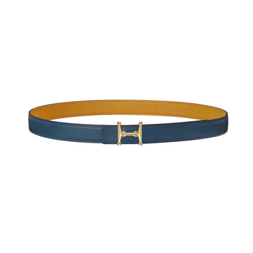 HERMES/愛馬仕 Mors H 海軍藍(lán)色/琥珀色黃色小牛皮 鍍金金屬皮帶扣 女士雙面皮帶 24毫米H077922CC06/H052150CAEC070