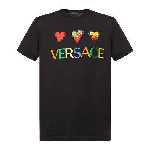 VERSACE 范思哲 男士 服裝  黑色圓領字母LOGO愛心圖案棉質T恤 男士短袖T恤
