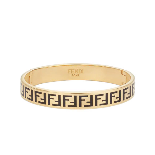 FENDI/芬迪 經典款 FF圖案金屬飾有黑色琺瑯彈簧扣剛性金色手鐲 8AG808TL9F0RNG