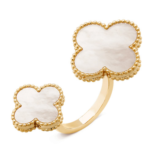 Van Cleef & Arpels/梵克雅寶 經典Magic Alhambra系列 18k金黃金白色珍珠母貝四葉草開口戒指/指環VCARN05500