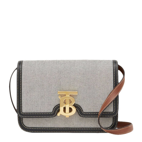 BURBERRY/博柏利 女士黑色TB 小號(hào)專屬標(biāo)識(shí)三色帆布拼皮革鎖扣包單肩包斜挎包女包 8030666