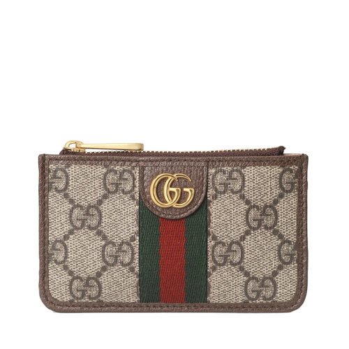 GUCCI/古馳 經典Ophidia系列 米色老花帆布棕色皮革飾邊拉鏈卡包?67172396IWG8745