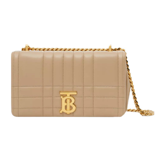 BURBERRY/博柏利 22新款 Lola系列 女士小號云灰色鞣制粒面皮革字母標志頂部翻蓋磁扣開合字母拋光金屬肩背斜挎包80630081