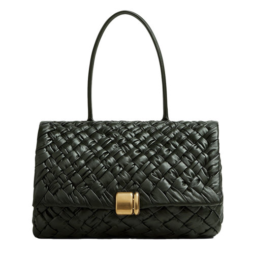 Bottega Veneta/葆蝶家 22新款 女士中號(hào)深綠色小牛皮飾有Intreccio圖案金屬搭扣翻蓋開(kāi)合單肩手提包717581V2BJ13002