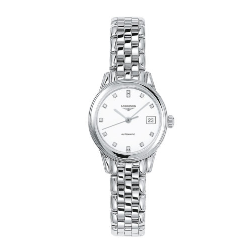 LONGINES/浪琴 軍旗系列 自動(dòng)機(jī)械鑲鉆鋼鏈白色表盤(pán)女表26毫米L4.274.4.27.6