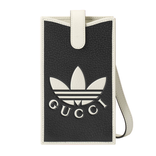 Gucci/古馳 22新款 女士黑色/米白色皮革三葉草印花按扣閉合手機(jī)包702203UZ3BT1057