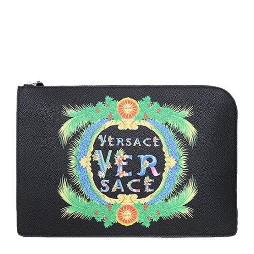 VERSACE/范思哲 男士黑色紋理小牛皮彩色字母徽標(biāo)印花裝飾拉鏈開合錢夾錢包卡包手拿包男包 DL26137-DVSIG-D41MP