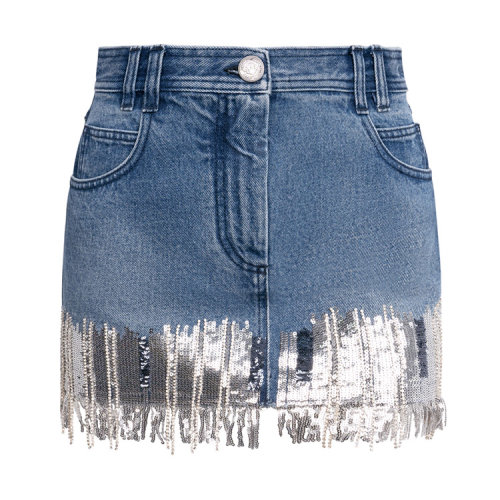 Balmain/巴爾曼 藍色 女士流蘇裝飾牛仔短裙 TF14016D010  春夏