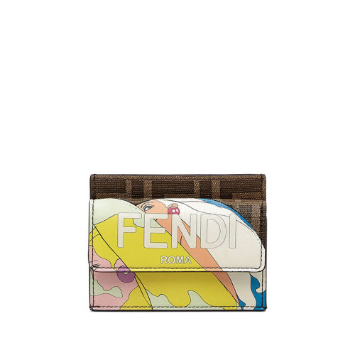 FENDI/芬迪 22春夏新款 女士棕色織物三槽零錢袋FF女孩插畫卡夾8M0423AK5ZF1HB5