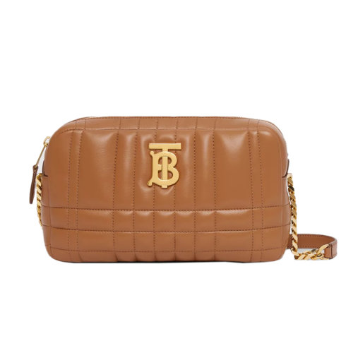 BURBERRY/博柏利 22新款 Lola系列 女士小號楓棕色絎縫小羊皮拉鏈開合金色金屬拋光配件小羊皮表帶配金色調節鏈條單肩斜挎相機包80608951