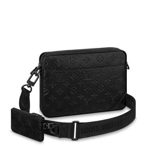 Louis Vuitton/路易威登 22春夏新款DUO系列 男士黑色老花壓印皮革黑扣配可拆卸小袋拉鏈開合單肩斜跨郵差包M69827