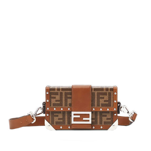 FENDI/芬迪 BAGUETTE TRUNK系列 男士迷你棕色老花印花布料皮革細節硬質斜挎單肩包7VA507A8V3F18AT