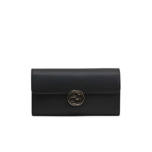 GUCCI|古馳 銀標(biāo)logo牛皮 翻蓋錢包手拿包錢夾女款 黑色