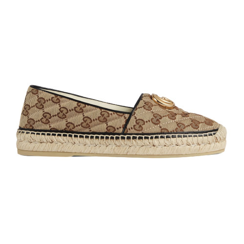 GUCCI/古馳 新款女士黑色皮革GG經(jīng)典帆布麻底平底布鞋621239KQWM09765