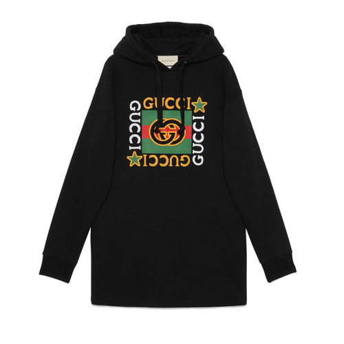 GUCCI/古馳 Gucci標識星星印花兜帽 黑色 女士長款衛衣 連衣裙 610144 XJB8V 1082