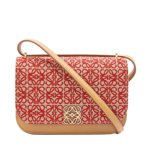 Loewe/羅意威 22春夏新款Goya系列 女士小號紅色/暖沙色Anagram提花布和棕色牛皮革翻蓋斜挎單肩包 0010687416