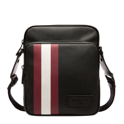 BALLY/巴利   男士黑色皮質條紋LOGO圖案時尚單肩斜挎包/郵差包