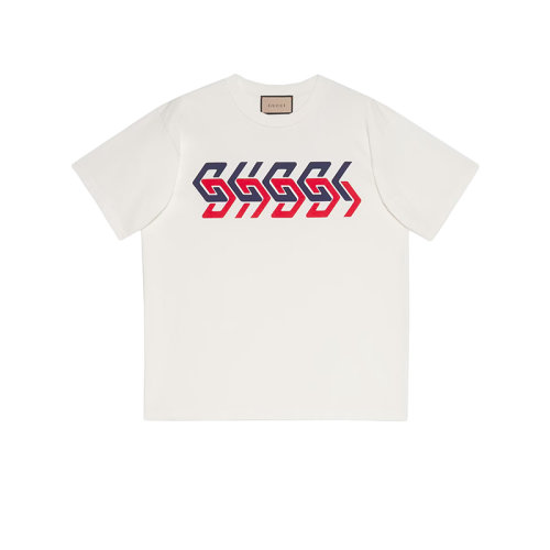 GUCCI/古馳 22年春夏新款 Aria系列 男士象牙白色純棉鏡像效果Logo印花短袖T恤616036XJDV99275