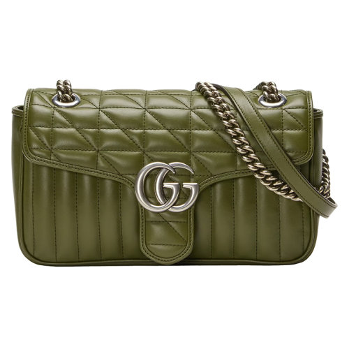GUCCI/古馳 22新款Marmont系列 女士森林綠絎縫皮革雙G銀扣翻蓋開合配鏈條肩帶手提斜挎單肩包443497UM8AF3352
