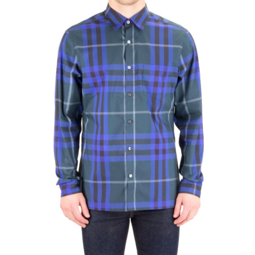 Burberry/博柏利 男裝 服裝 深藍色棉質經典格紋翻領襯衣 男士長袖襯衫