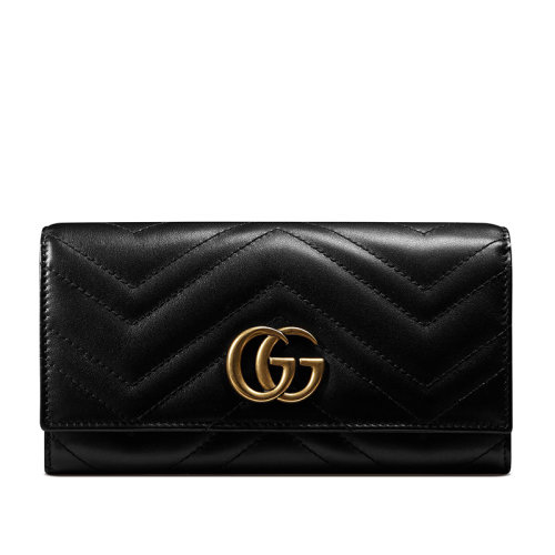 GUCCI/古馳 經典雙G MARMONT系列 黑色絎縫牛皮經典雙G長款翻蓋按扣錢包 443436DTD1T1000