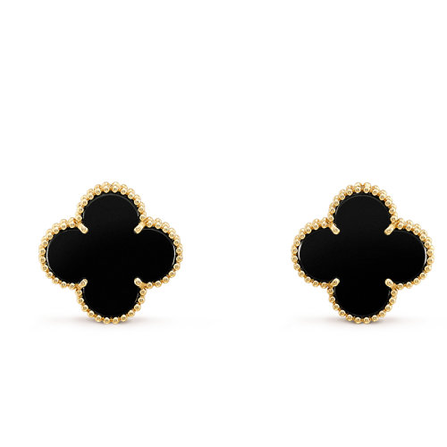 Van Cleef & Arpels/梵克雅寶 經典Magic Alhambra系列 18K金黃金鑲黑瑪瑙四葉草耳釘