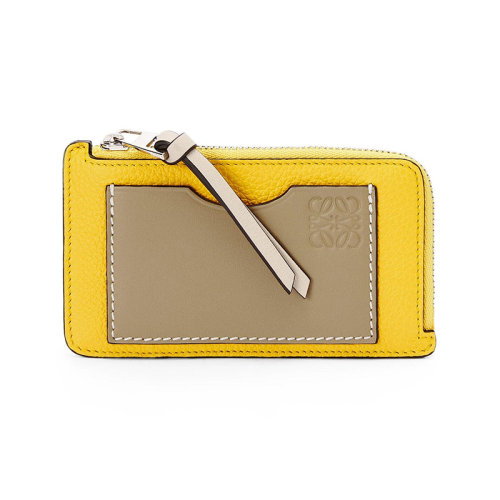 LOEWE/羅意威 22年新款 女士黃色/黏土綠色軟粒面牛皮革徽標(biāo)壓紋拉鏈硬幣卡包C660Z40X04-0013