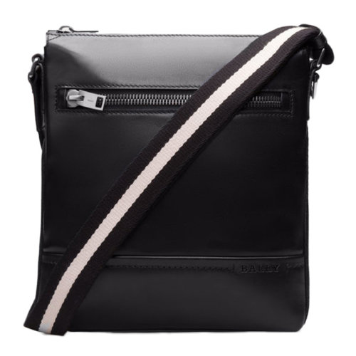 BALLY/巴利 男士黑色皮革正面壓花徽標經典條紋裝飾單肩包斜挎包男包 6214271
