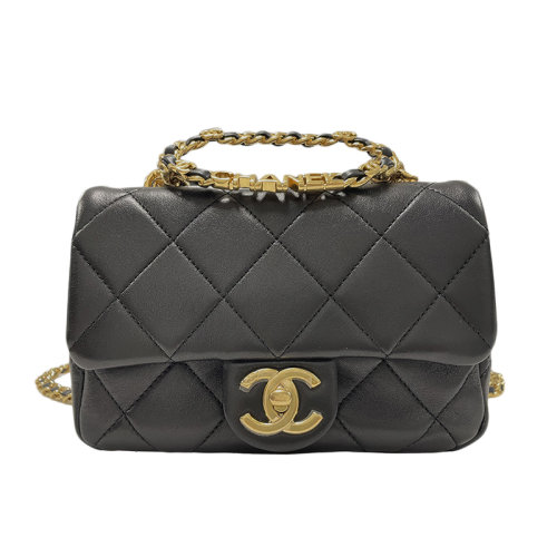 CHANEL/香奈兒 經(jīng)典款 女士黑色小羊皮金色雙c扣開(kāi)合方胖子斜挎鏈條包AS3723B0986394305