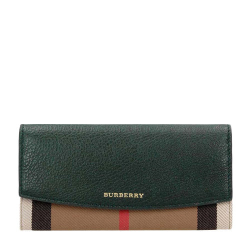 BURBERRY/博柏利 女士復(fù)古綠格紋Vintage棉拼皮革長(zhǎng)款錢夾錢包 3930579