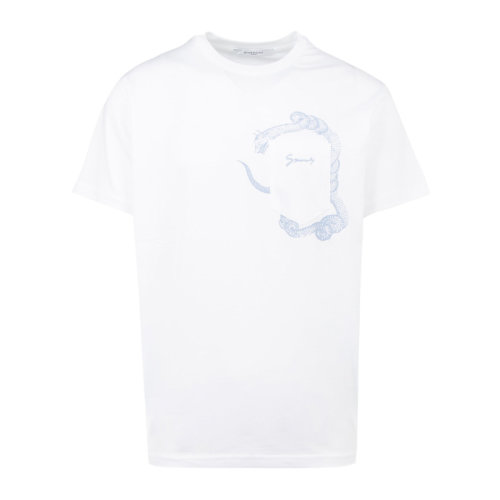 Givenchy/紀梵希 男士白色棉質經典字母徽標蛇紋印花裝飾圓領短袖上衣T恤 BM70QE3002-100