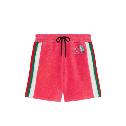GUCCI/古馳 22秋冬款 The North Face聯名系列 女士粉色滌綸飾有彩色刺繡LOGO徽標兩側飾有綠紅條紋織帶抓絨短褲?673725XJDUC5554