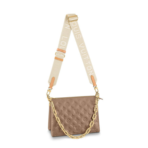 Louis Vuitton/路易威登 經典款COUSSIN系列 女士小號灰褐色羊皮革老花壓印金鏈條配可拆卸肩帶單肩斜挎手提鏈條包M59277