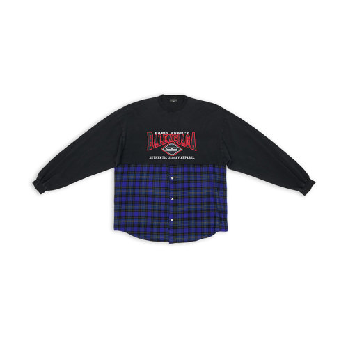 Balenciaga/巴黎世家 22年秋冬新款 男女同款紫色/黑色純棉法蘭絨格紋補丁長袖T恤698227TMM085212