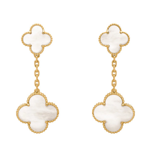 Van Cleef & Arpels/梵克雅寶 經典Magic Alhambra系列 18K金黃金鑲嵌白色珍珠母貝幸運四葉草耳墜VCARD78800