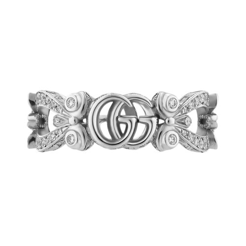GUCCI/古馳 Gucci Flora 雙G和花朵細節鑲有鉆石18K金白金戒指 629828J85689066