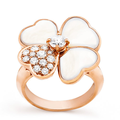 Van Cleef & Arpels/梵克雅寶 經典Cosmos系列 18k金玫瑰金鑲嵌鉆石白珍珠母貝四葉草中號戒指VCARO51Y00