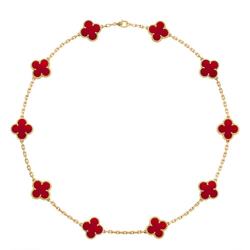Van Cleef & Arpels/梵克雅寶 經典Vintage Alhambra系列 18K金黃金紅瑪瑙10四葉草項鏈VCARD40600