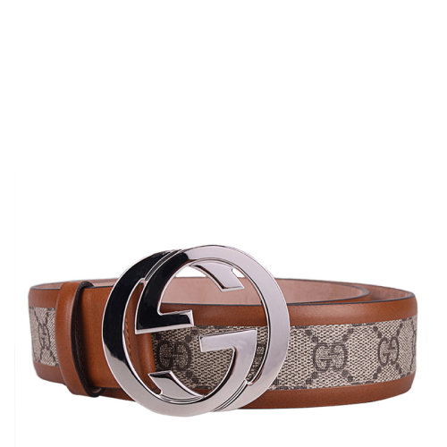 GUCCI/古馳 男女同款 中性棕色Logo裝飾印花腰帶銀色雙G板扣皮帶腰帶 142930-KGDHN-8526