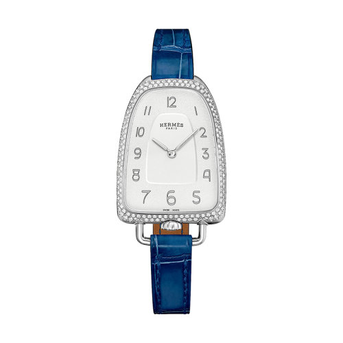 HERMES/愛馬仕      Galop系列 女士石英機(jī)芯水晶銀粒表盤精鋼表殼和藍(lán)色鱷魚皮表帶腕表40.8X26毫米W047887WW00