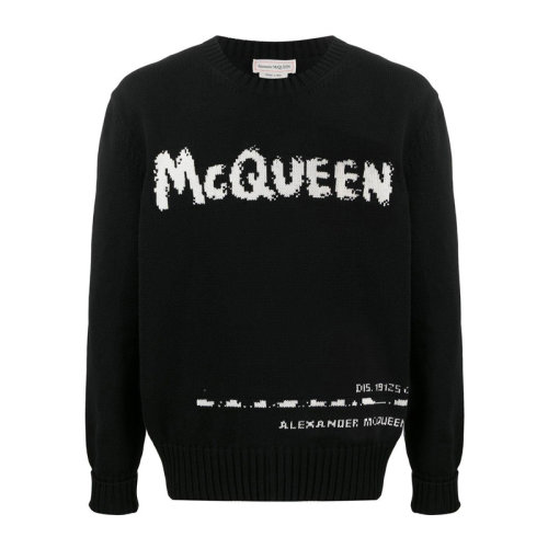 Alexander McQueen/亞歷山大麥昆 男士黑色棉質(zhì)有機針織經(jīng)典字母徽標涂鴉嵌花圓領長袖上衣衛(wèi)衣運動衫套頭衫 626454-Q1WZL-1006