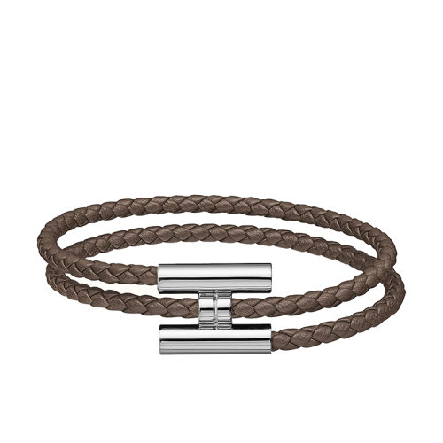 HERMES/愛馬仕 經(jīng)典款Tournis系列 錫器灰小牛皮編織飾H銀扣手鏈H068406FP8F