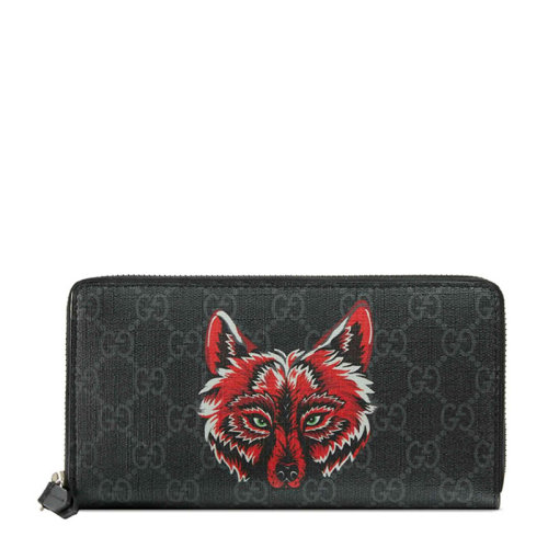 GUCCI/古馳 男士黑色帆布雙G字母徽標印花狼頭圖案拉鏈開合錢包手包腕包手拿包男包 522866-91MAN-9789