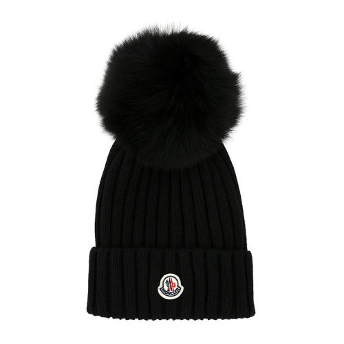 Moncler/蒙克萊 女士羅紋羊毛徽標拼貼絨球時尚毛線帽針織帽套頭帽保暖帽帽子3B70201-A9327多色可選
