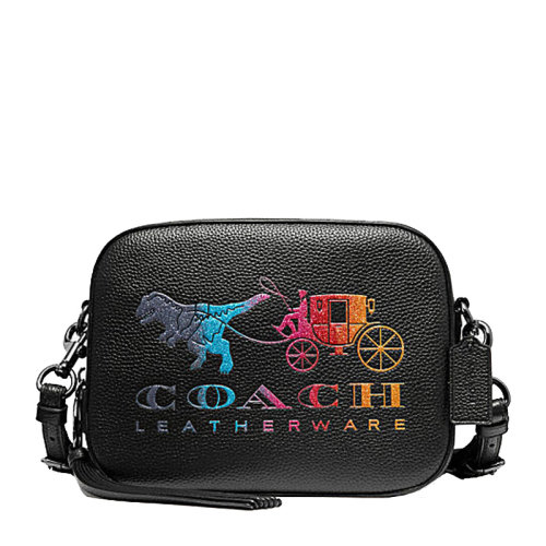 COACH/蔻馳 專柜款 女士黑色拋光鵝卵石紋皮革馬車圖案單肩包斜挎包相機包女包69417GMBK