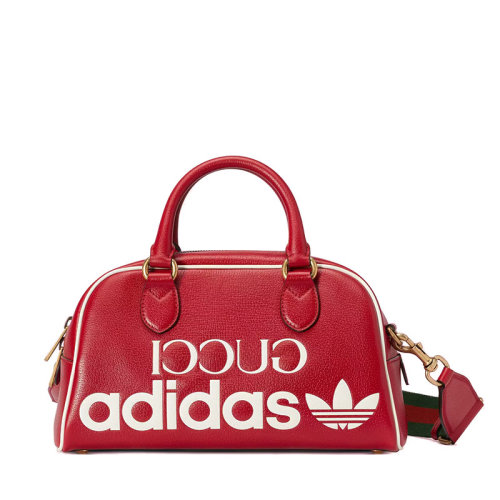 GUCCI/古馳 22新款Adidas聯名系列 女士迷你紅色皮革飾白色皮革細節主題系列印花金扣配可拆卸紅綠織物肩帶單肩斜挎手提旅行包702397U3ZCT6563