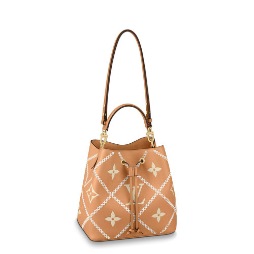 Louis Vuitton/路易威登 22春夏新款NéONOé系列 女士中號亞利桑那橙老花壓紋粒面牛皮革白色格紋刺繡細節同色系柔軟皮革飾邊金扣單肩斜跨手提抽繩水桶包M46029