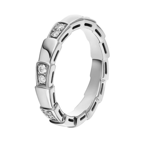 BVLGARI/寶格麗 Serpenti Viper經典款18K金白金鑲鉆 窄版蛇形戒指 353384