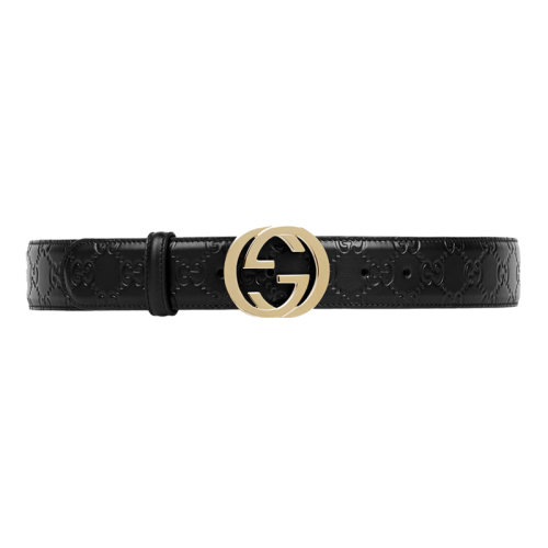 GUCCI/古馳   經典款Signature女士黑色牛皮印花雙G腰帶 370543 CWC1G 1000